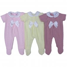 MC767-Pink: Baby Short Sleeve Knitted All In One With Bow (0-9 Months)